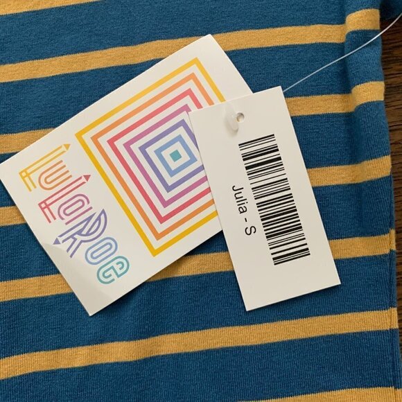 LulaRoe Julie Dress Sz S Blue Yellow Striped T-Shirt Sheath Dress 31F - Picture 7 of 8